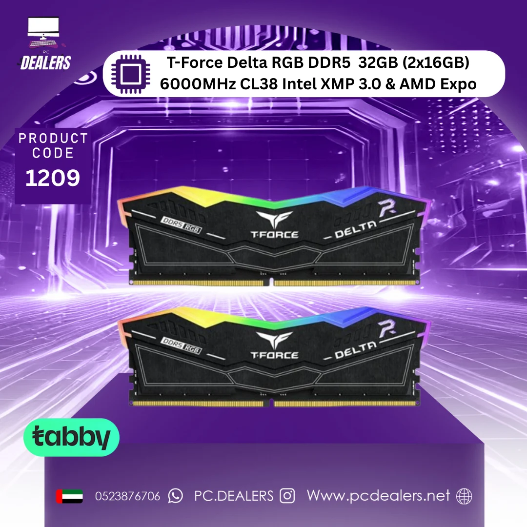 TEAMGROUP Team T-Force Delta RGB DDR5 Gaming Memory, 2 x 16 GB, 6000Mhz.png BLACK CL38 W TEAMGROUP T-Force Delta RGB DDR5 Ram 32GB (2x16GB) 6000MHz CL38 Intel XMP 3.0 & AMD Expo BLACKK - الصورة 1
